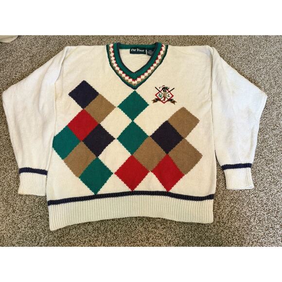 Par Four Sweater Large Golf Knit White Argyle Embroidered Golfer Vintage Read - Picture 8 of 8